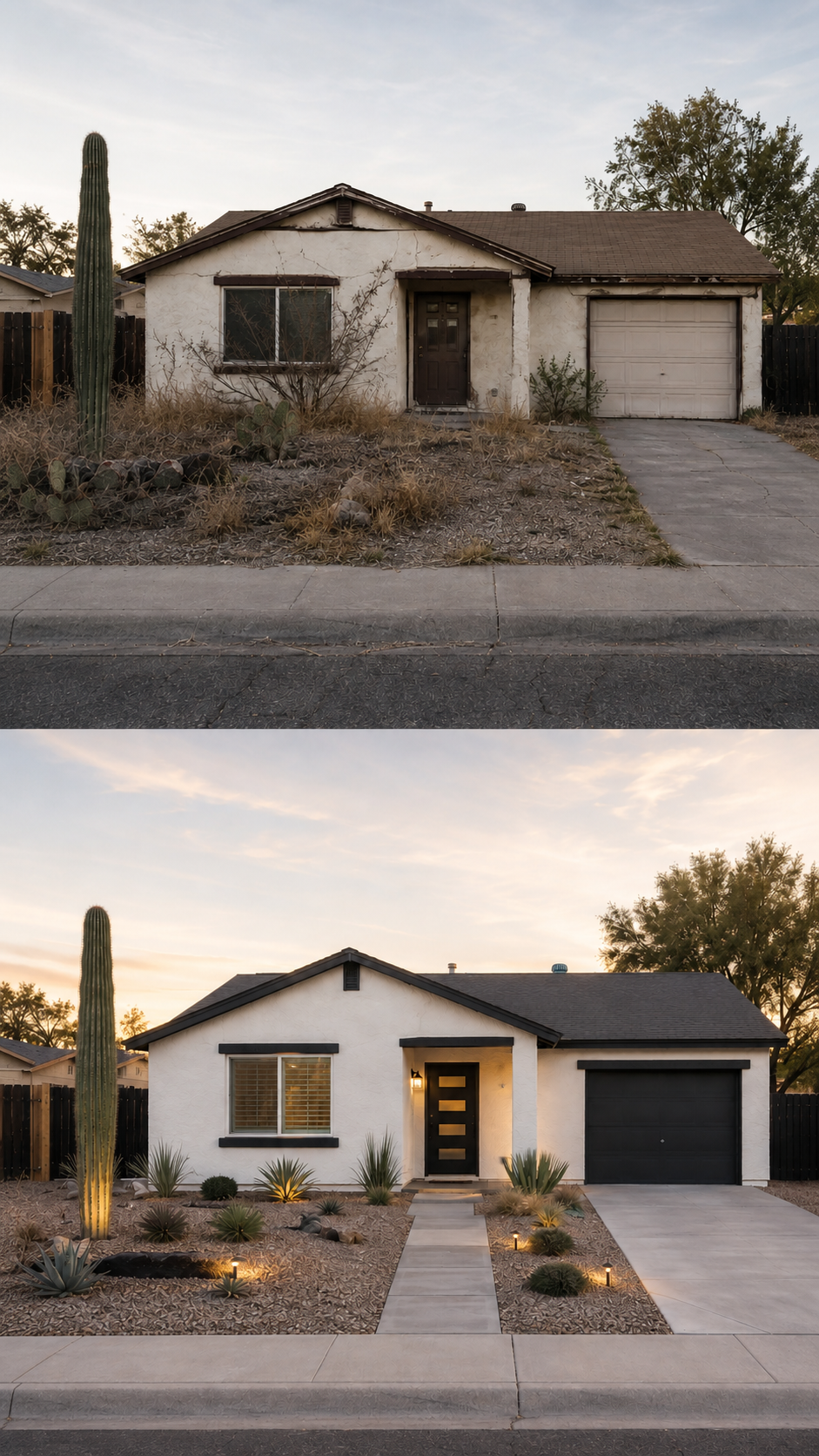 Illustrative before-and-after concept of the same modest Arizona home changing from deferred maintenance to renovated condition