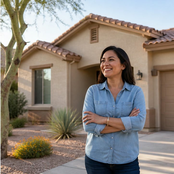 Relieved homeowner outside an Arizona home after choosing a plan