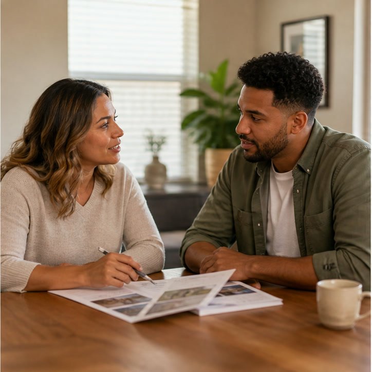 A calm conversation reviewing property options at a table