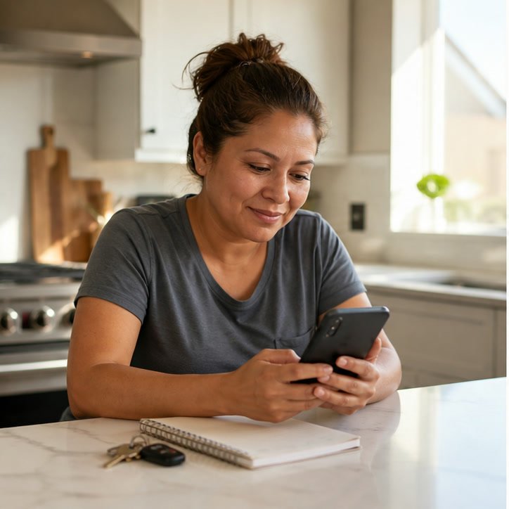 Homeowner comfortably sharing property details by phone